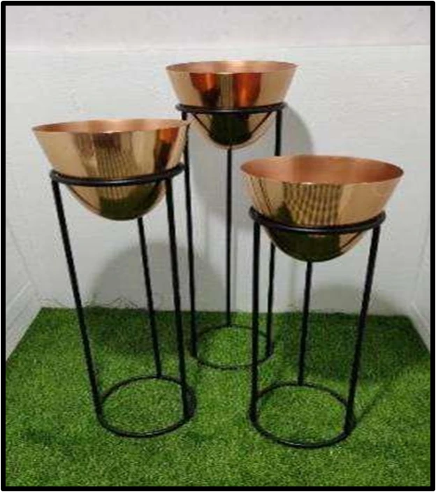 Set of 3 Copper Bowl Planters with Black Metal Stands