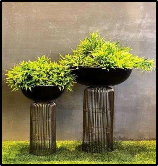 Dramatic Black Bowl Planters on Textured Cage Stands