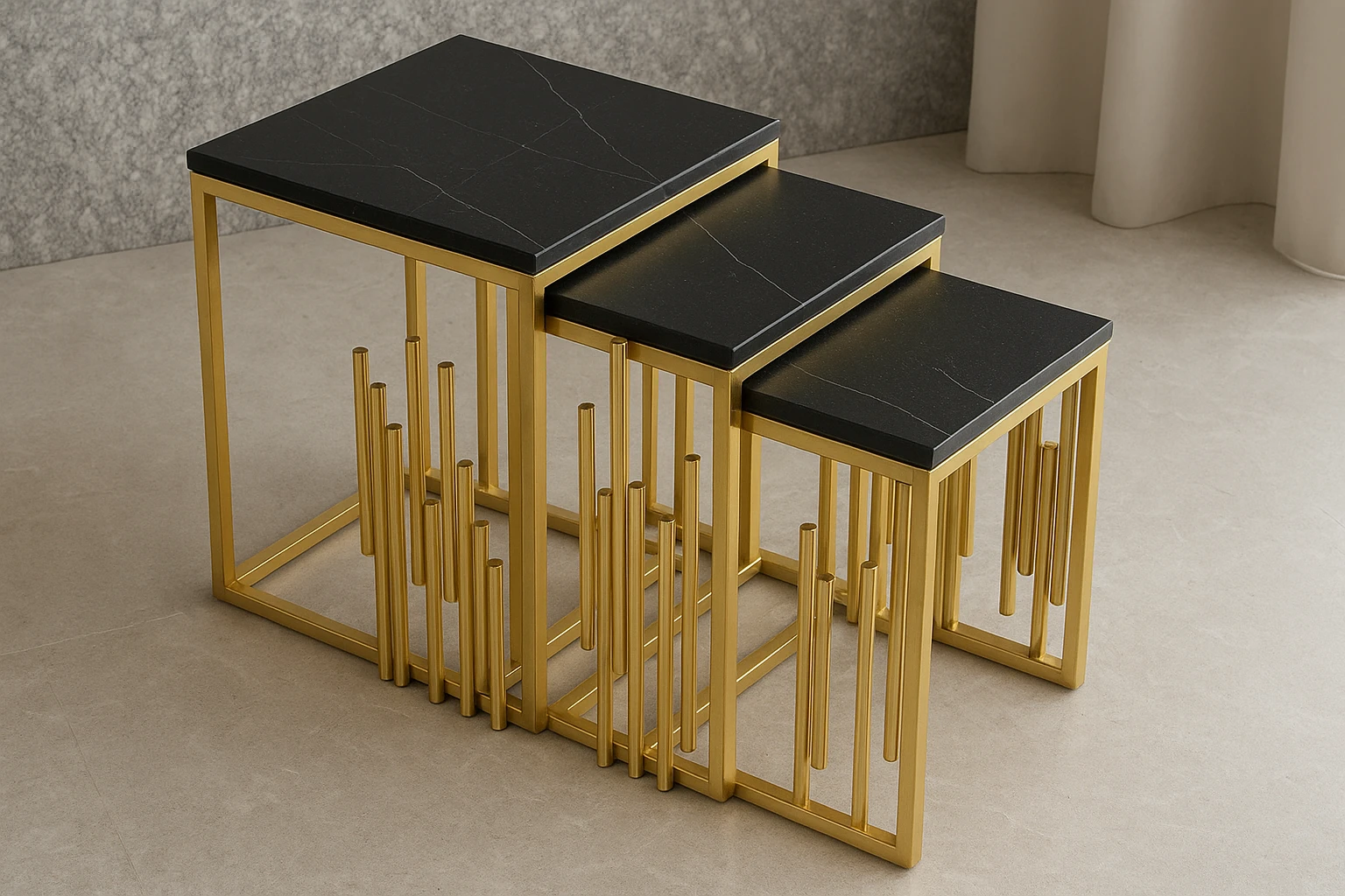 Luxury Mild Steel Nesting Table Set with Black Marble Tops (3-Piece)