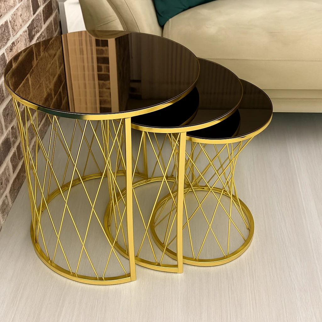 Luxury Gold Mild Steel Nesting Side Tables with Black Glass Tops – Set of 3