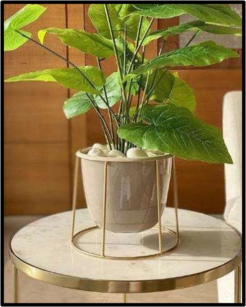 Blush Pink Ceramic Planter with Gold Stand & Faux Arrowhead Plant - Image 2