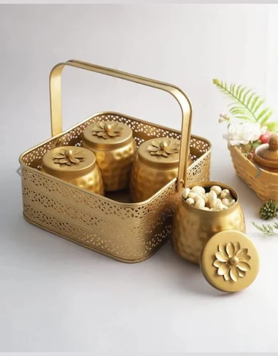 Luxury Golden Hammered Jar Set with Decorative Basket – 4 Jar Storage Organizer