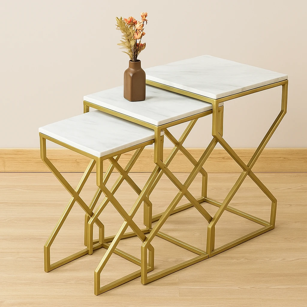Luxury Gold Mild Steel Nesting Side Table Set with Marble-Finish Tops - Image 2