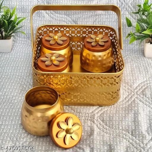 Luxury Golden Hammered Jar Set with Decorative Basket – 4 Jar Storage Organizer - Image 3
