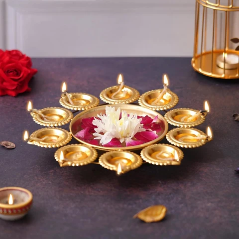 Golden Diya Thali with 10 Diyas – Decorative Pooja Thali for Festivals & Home Décor - Image 3
