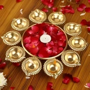 Golden Diya Thali with 10 Diyas – Decorative Pooja Thali for Festivals & Home Décor - Image 2