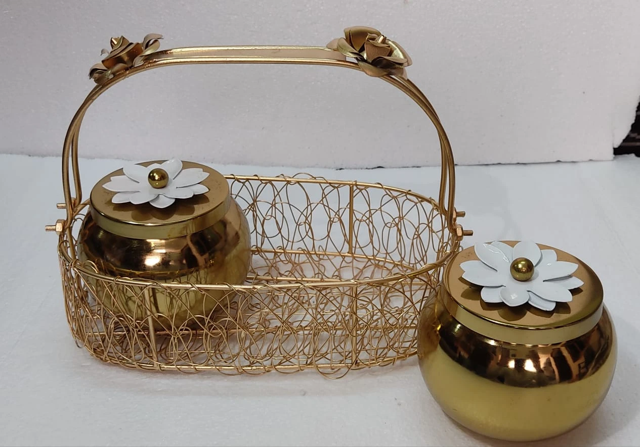 Elegant Gold Wire Mesh Decorative Basket with Floral Accent Lids - Gold wire mesh basket