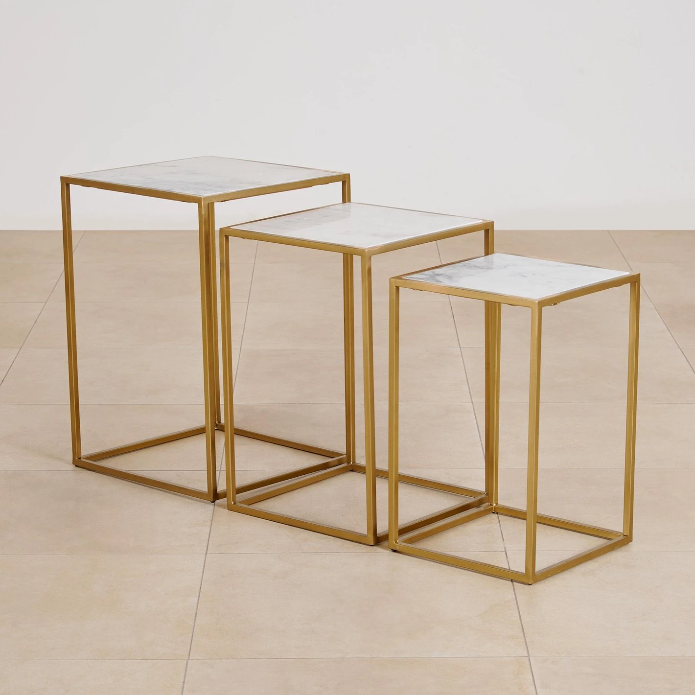 Gold Mild Steel Nesting Side Table Set with Marble Finish Tops – Set of 3 - Image 3