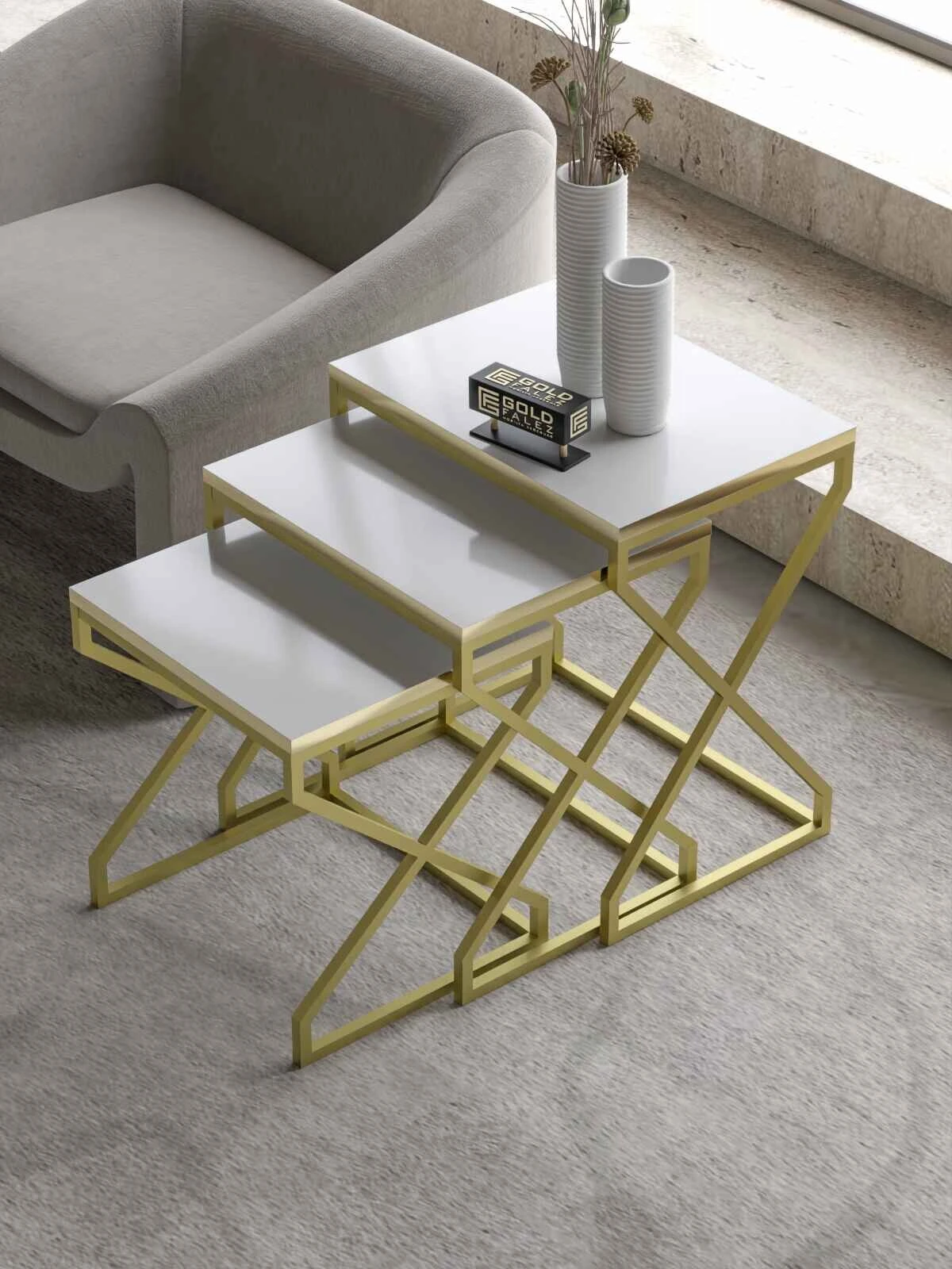 Luxury Gold Mild Steel Nesting Side Table Set with Marble-Finish Tops - Image 3