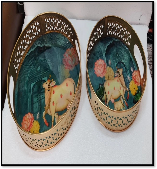 Handcrafted Decorative Trays with Cow and Lotus Artwork – Set of 2