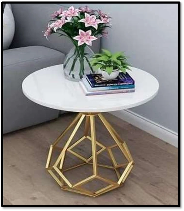 Modern Round Gold Metal Side Table with White Marble Top – Luxury Geometric Base End Table