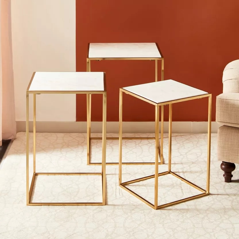 Gold Mild Steel Nesting Side Table Set with Marble Finish Tops – Set of 3 - Image 2