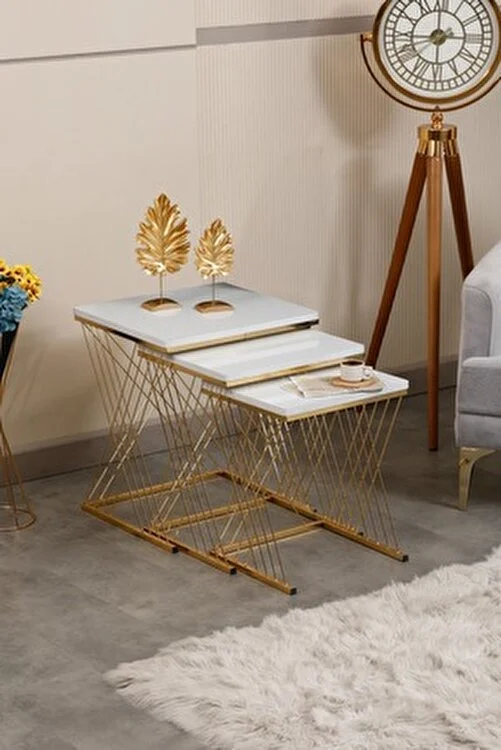 Set of 3 Geometric Gold Wire Nesting Tables - Image 3