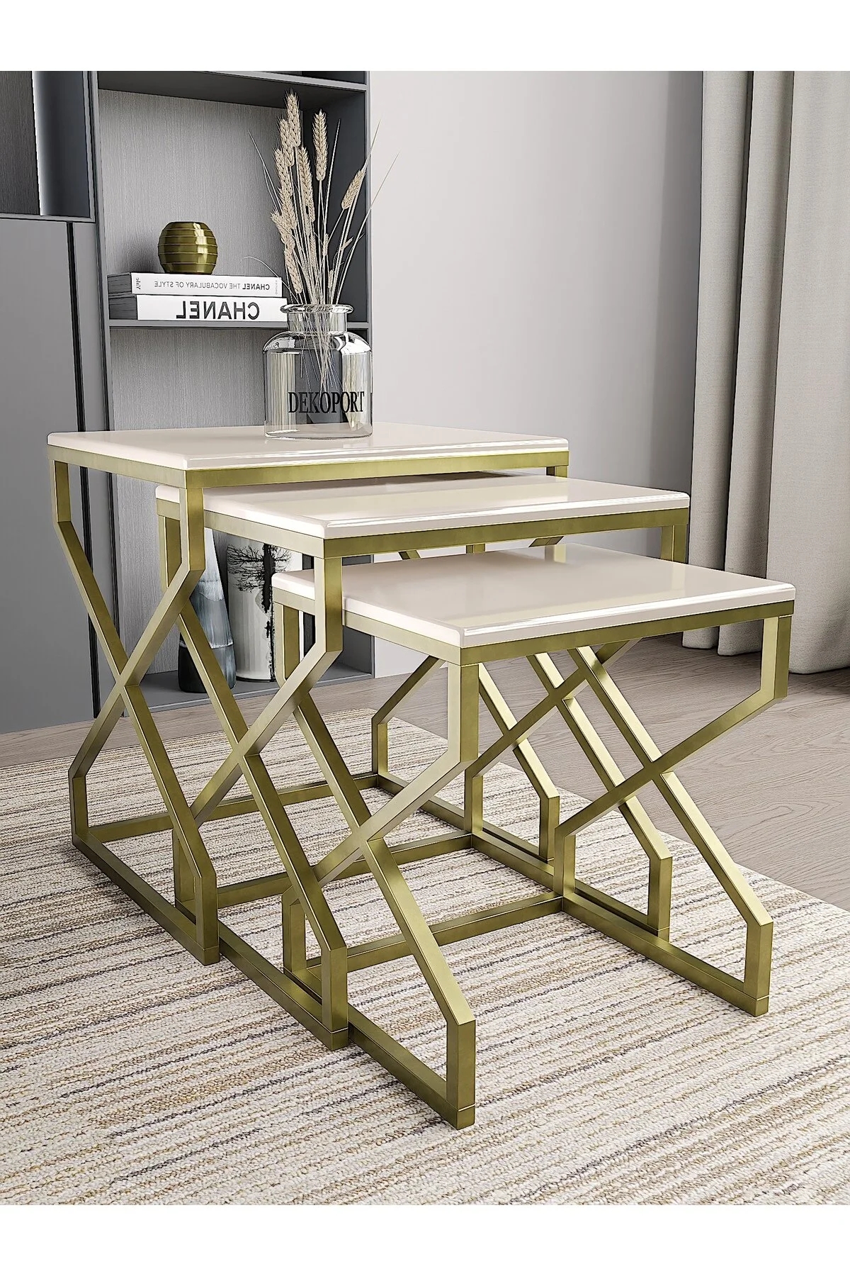 Luxury Gold Mild Steel Nesting Side Table Set with Marble-Finish Tops - Image 4