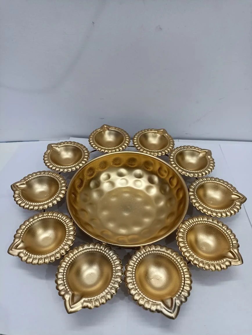 Golden Diya Thali with 10 Diyas – Decorative Pooja Thali for Festivals & Home Décor - Image 5