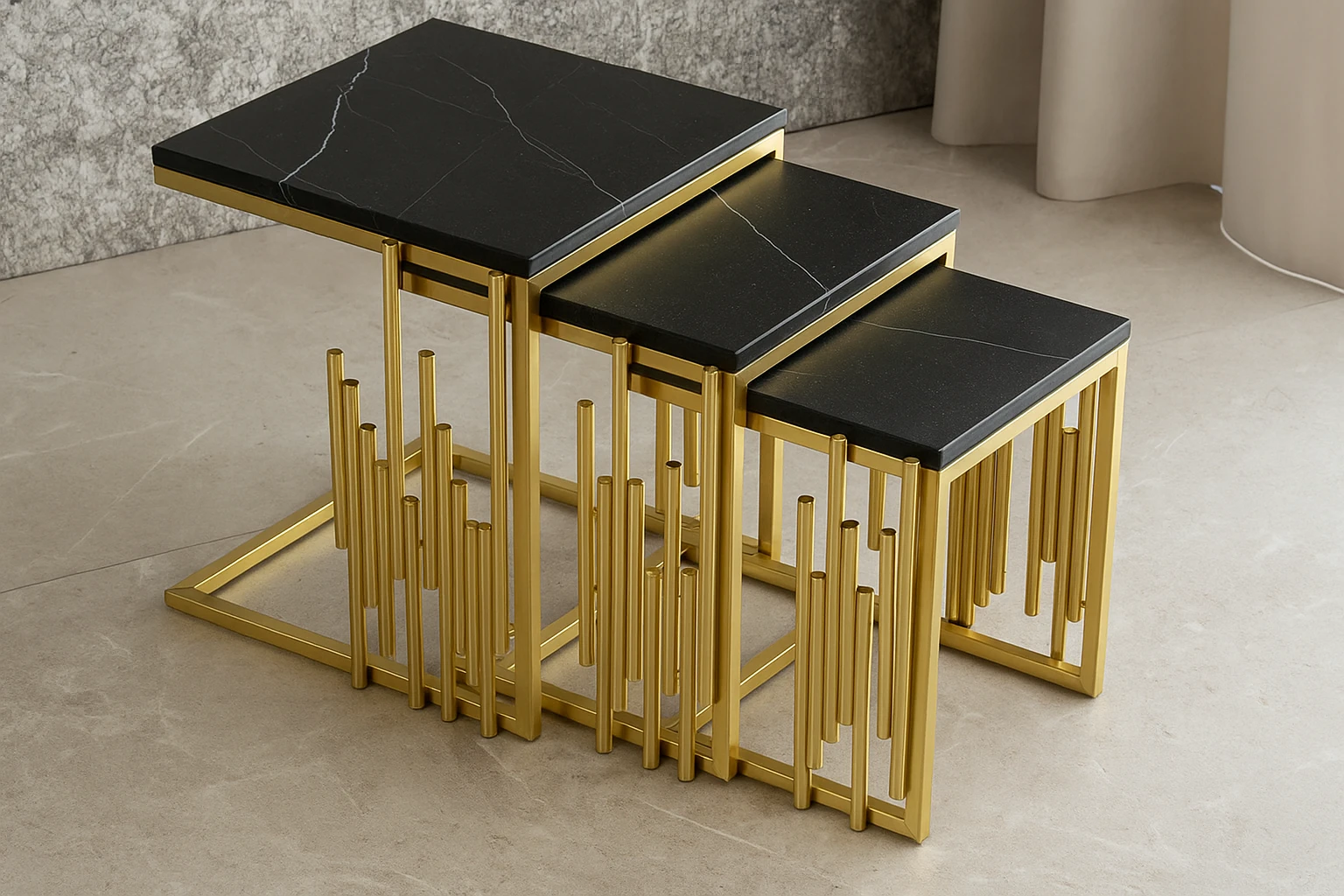 Luxury Mild Steel Nesting Table Set with Black Marble Tops (3-Piece) - Image 2