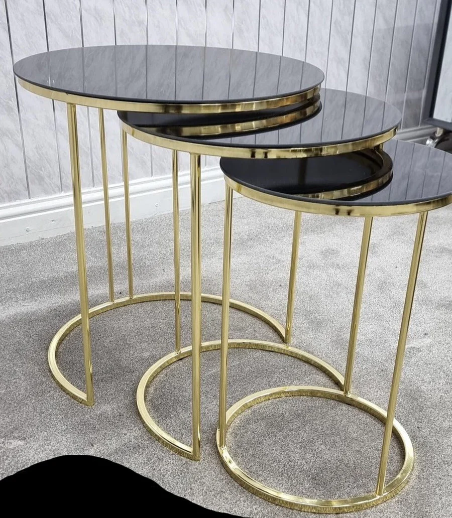 Luxury Gold Mild Steel Round Nesting Table Set – (Set of 3) with Tinted Glass Top - Image 6