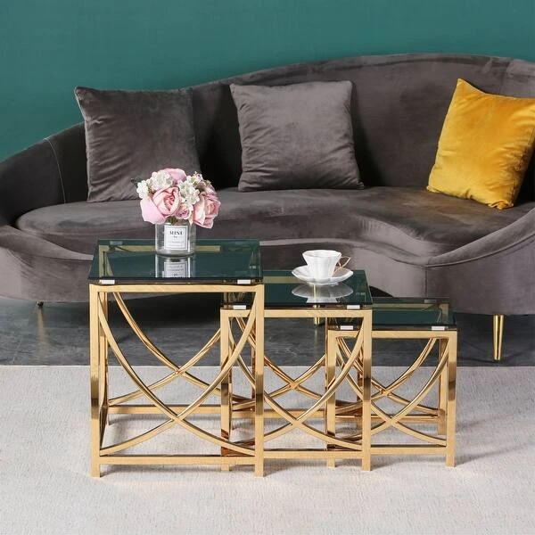 Luxury Gold Mild Steel Nesting Side Tables with Tempered Glass Tops (Set of 3) - Image 2