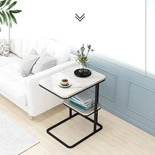 Modern Black Metal Side Table with Dual White Marble Shelves - Image 3