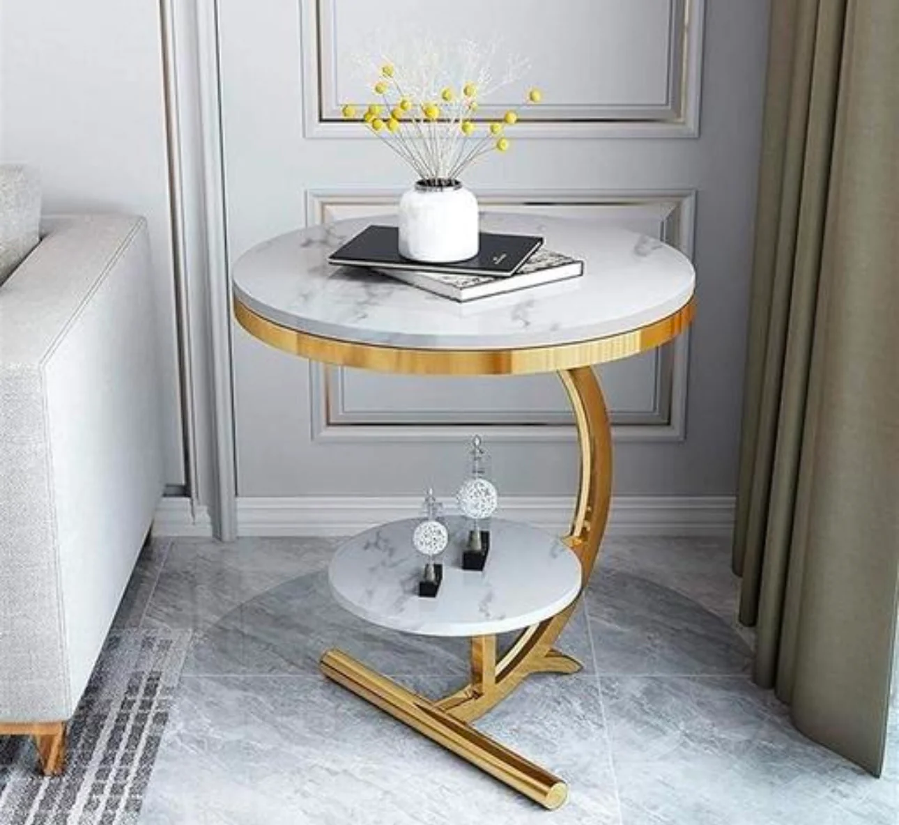 Luxury Gold Metal & White Marble Side Table – Modern Round Accent Table - Image 5
