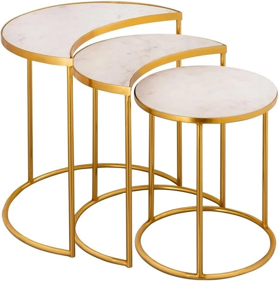 Luxury Marble Nesting Side Tables – Set of 3 with Gold Mild Steel Frame