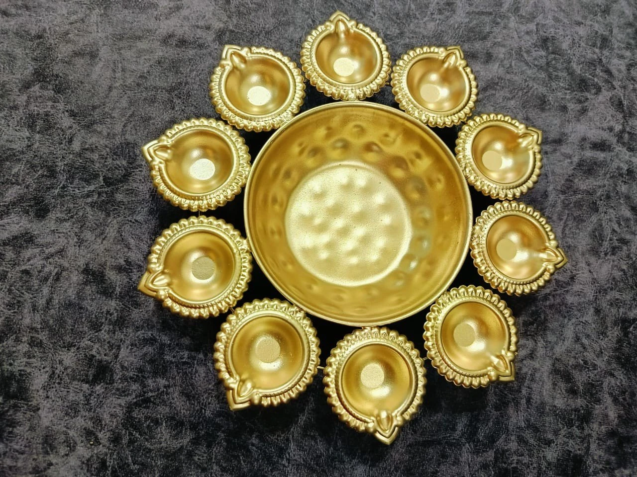 Golden Diya Thali with 10 Diyas – Decorative Pooja Thali for Festivals & Home Décor - Image 4
