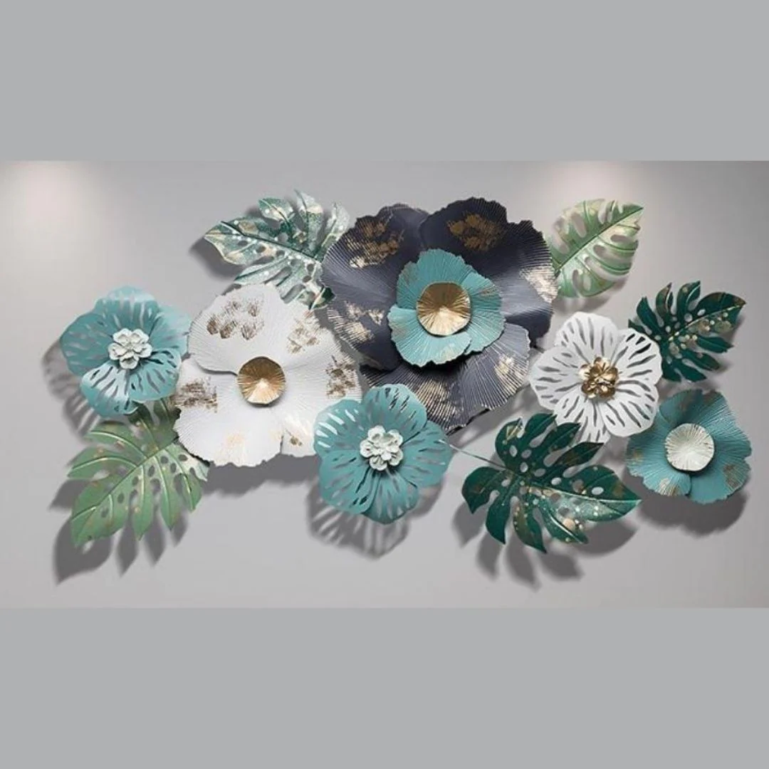 Luxury 3D Iron Floral Wall Art Decor – Teal & Gold Iron Flower Arrangement - Image 2
