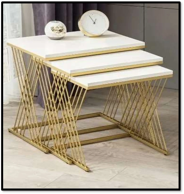 Set of 3 Geometric Gold Wire Nesting Tables