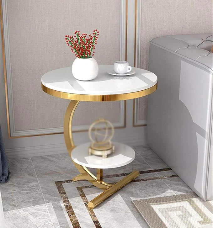 Luxury Gold Metal & White Marble Side Table – Modern Round Accent Table - Image 3
