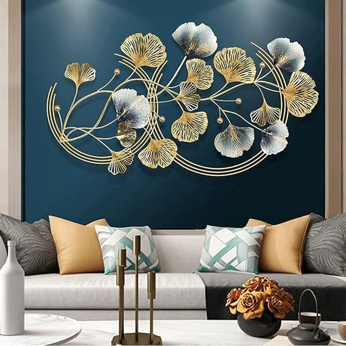 Luxury Iron Ginkgo Leaf Wall Art – Gold & Blue Iron Decorative Hanging