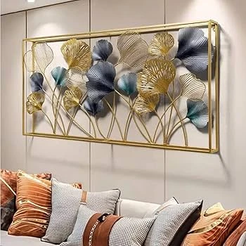 Luxury Iron Ginkgo Leaf Wall Art – 3D Golden & Blue Decorative Sculpture Frame - Image 2
