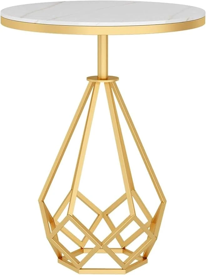 Modern Round Gold Metal Side Table with White Marble Top – Luxury Geometric Base End Table - Image 3