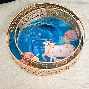 Handcrafted Decorative Trays with Cow and Lotus Artwork – Set of 2 - Image 2
