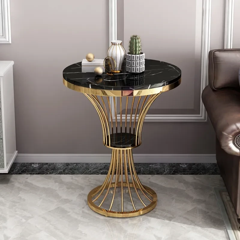 Elegant Gold Metal & Marble Round Side Table – Artistic Designer Accent Table - Image 2