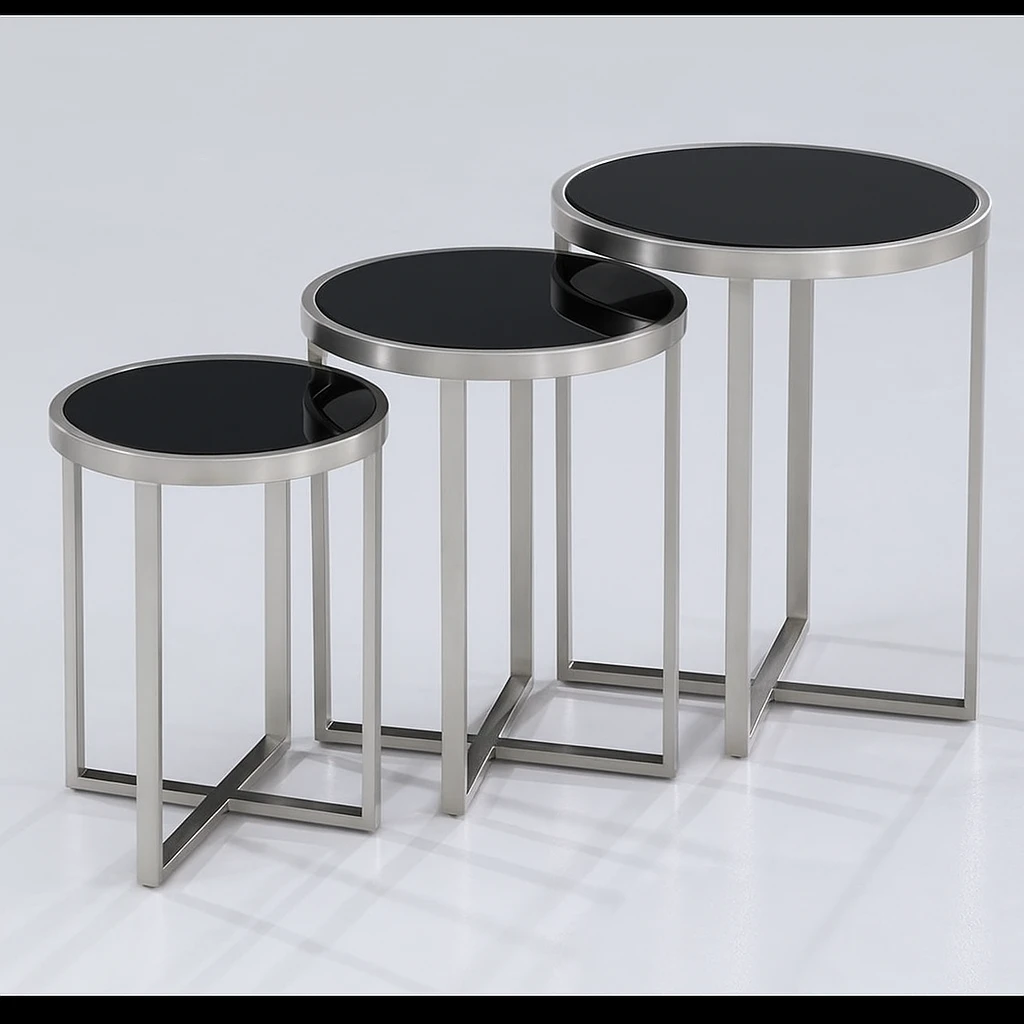 Modern Mild Steel Frame Round Nesting Table Set (Black Glass Top) – Set of 3