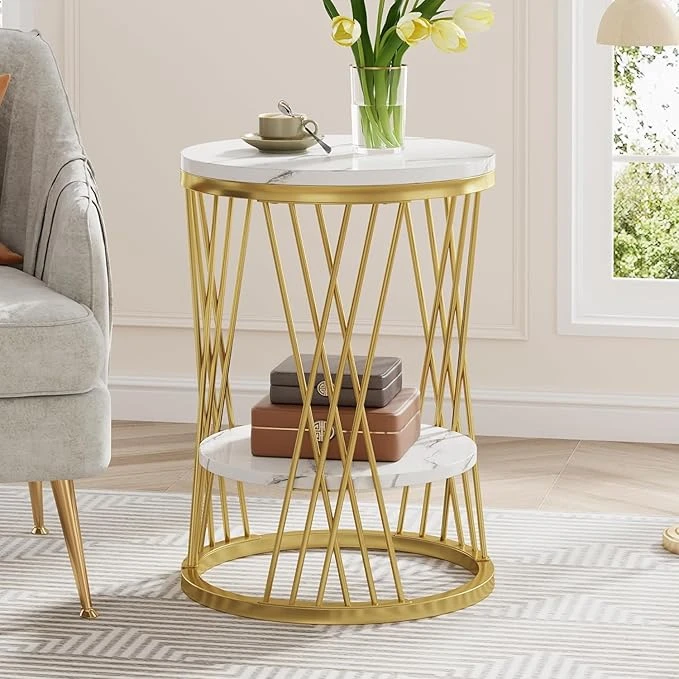 Modern Gold Metal Side Table with Dual White Marble Shelves - Image 4