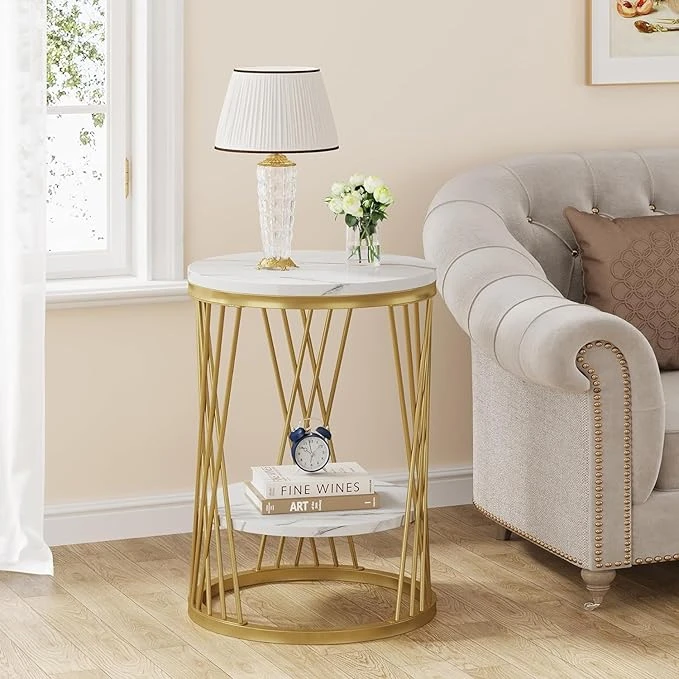 Modern Gold Metal Side Table with Dual White Marble Shelves - Image 2