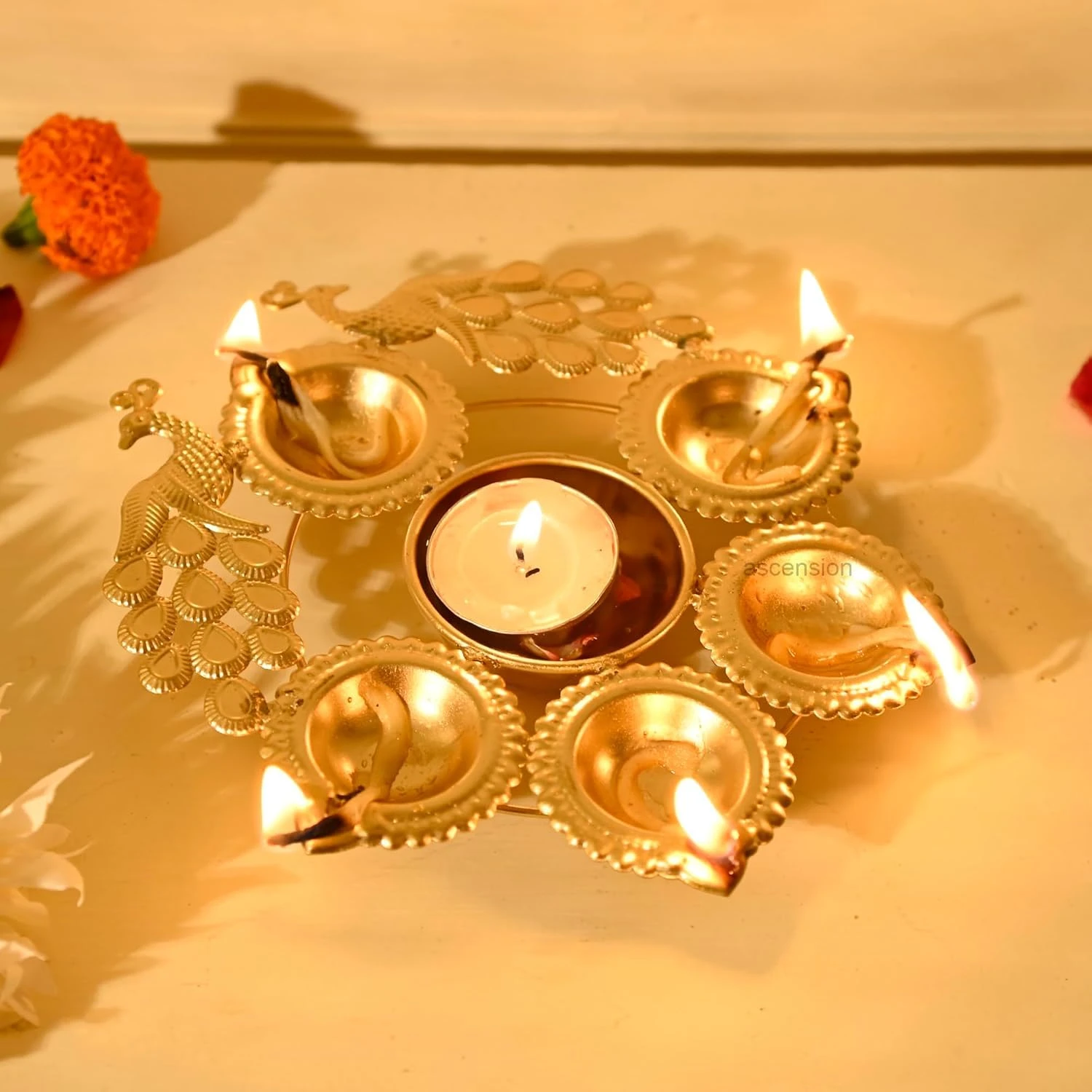 Elegant Decorative Peacock Diya with Flower Bowl – Traditional Decorative Oil Lamp