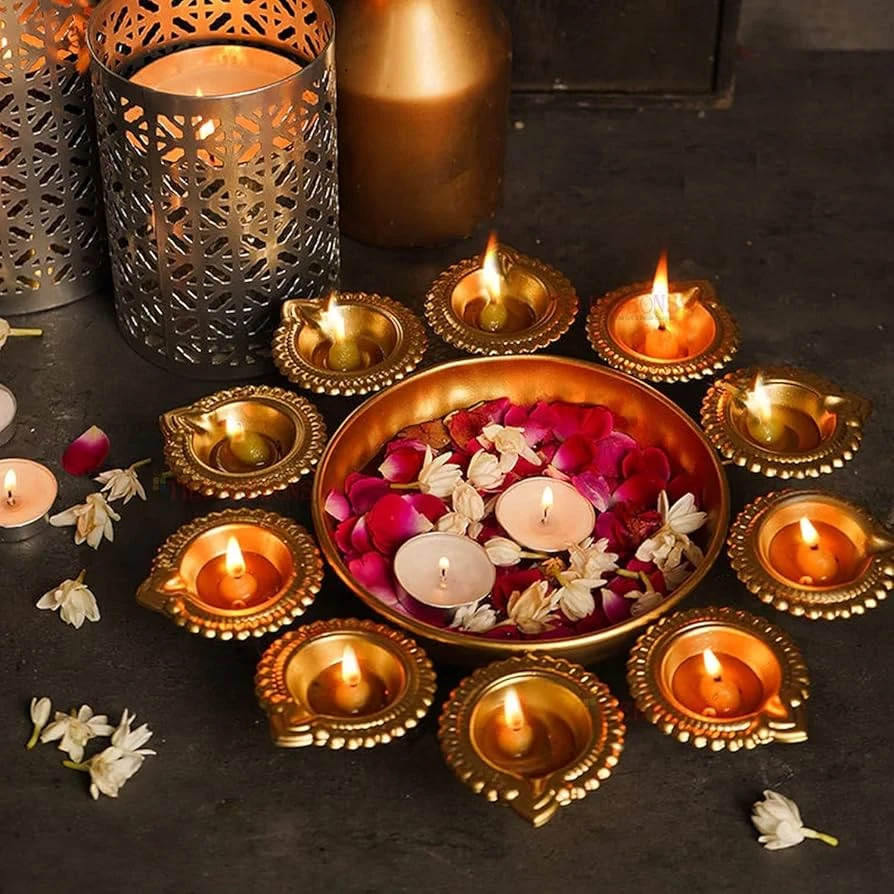 Golden Diya Thali with 10 Diyas – Decorative Pooja Thali for Festivals & Home Décor