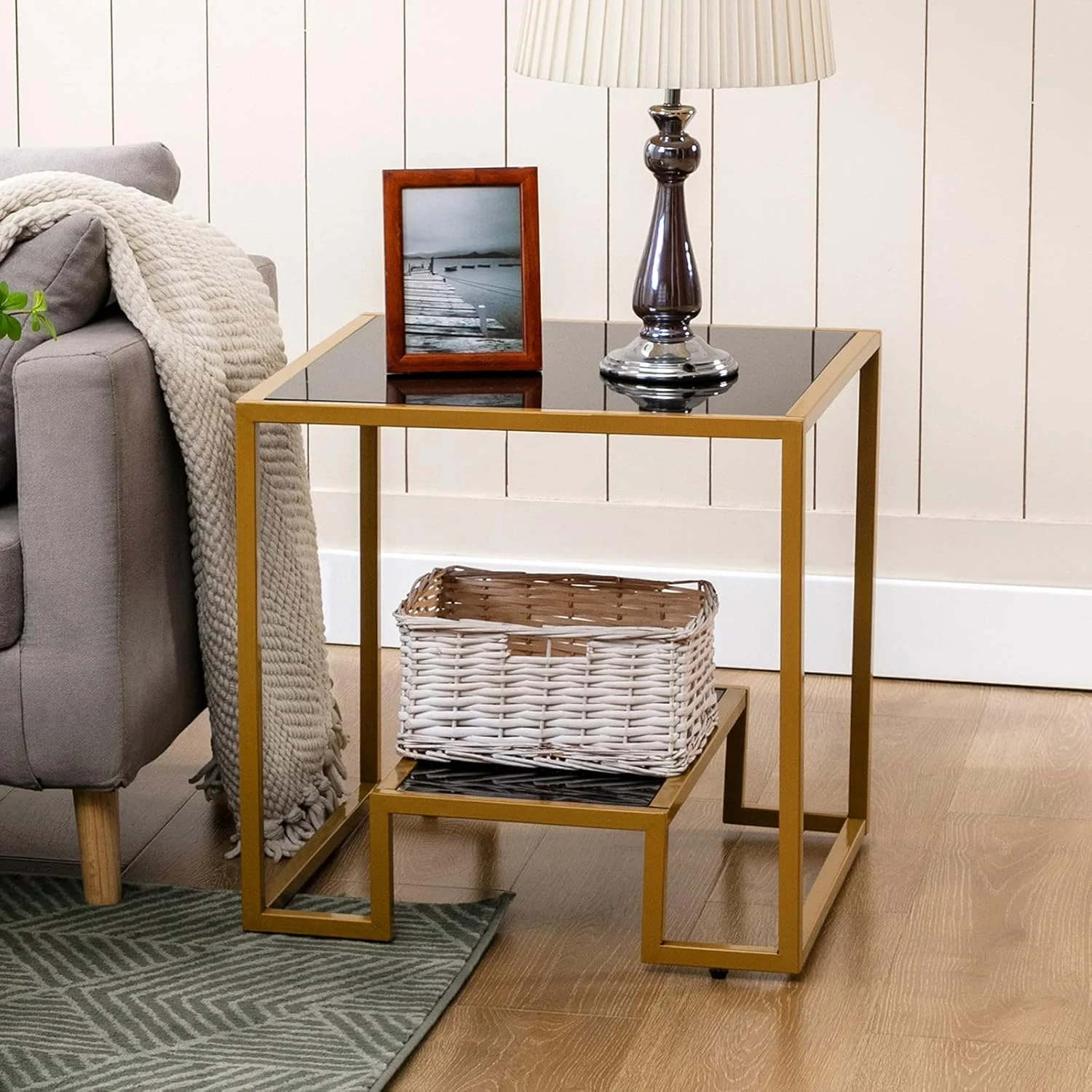Modern Gold Metal Side Table with Black Glass Top – Luxury 2-Tier Accent End Table - Image 3