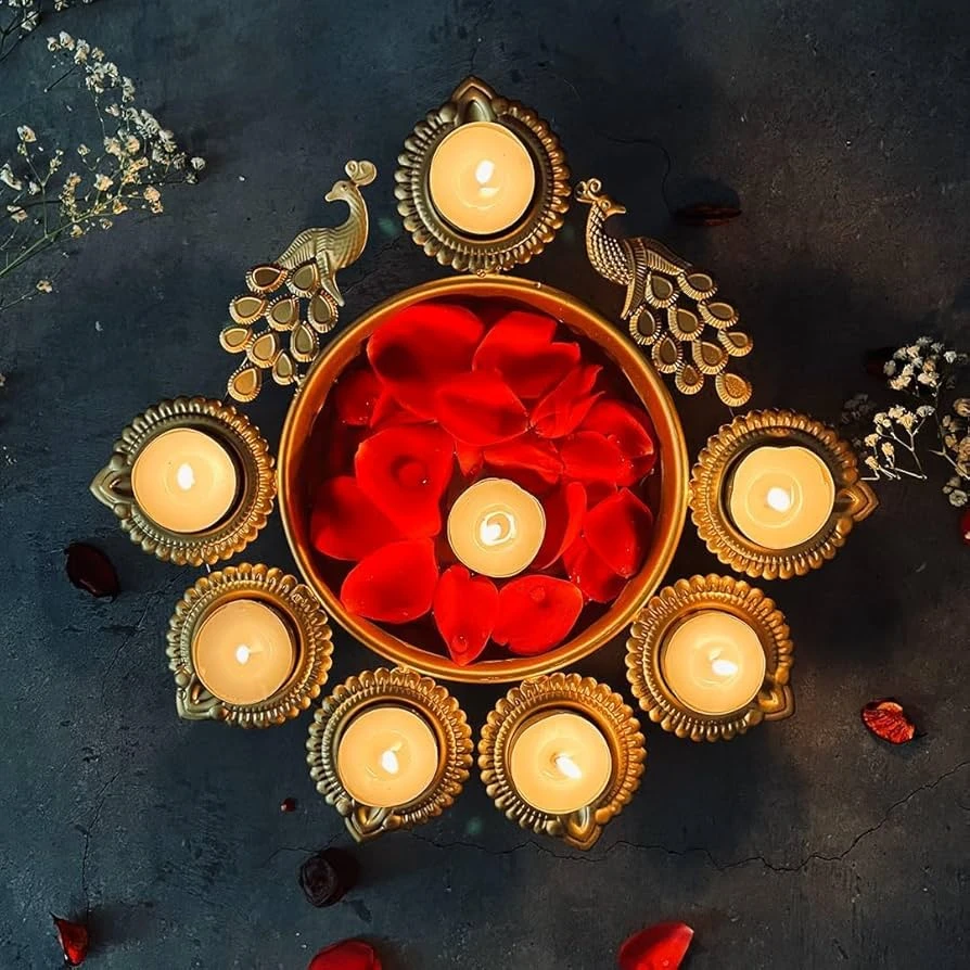 Golden Peacock Decorative Urli with Tealight Holders - Image 3