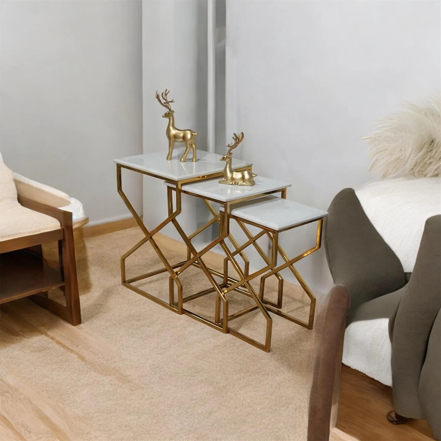 Luxury Gold Mild Steel Nesting Side Table Set with Marble-Finish Tops - Image 5