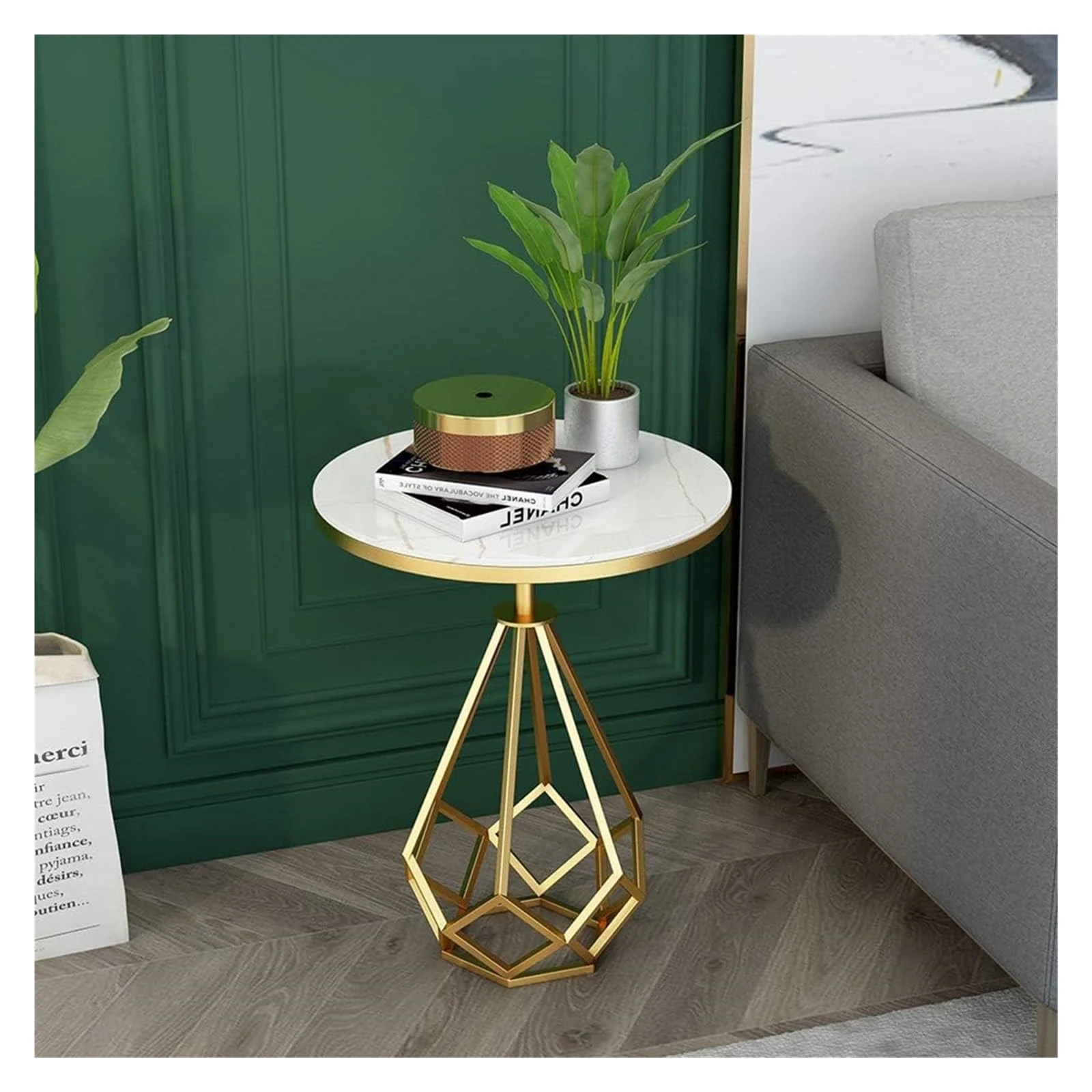 Modern Round Gold Metal Side Table with White Marble Top – Luxury Geometric Base End Table - Image 2