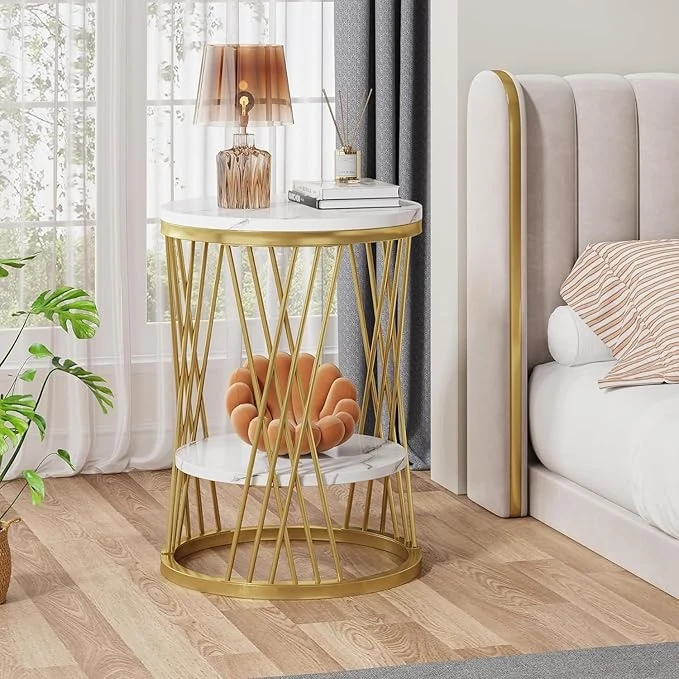 Modern Gold Metal Side Table with Dual White Marble Shelves - Image 3