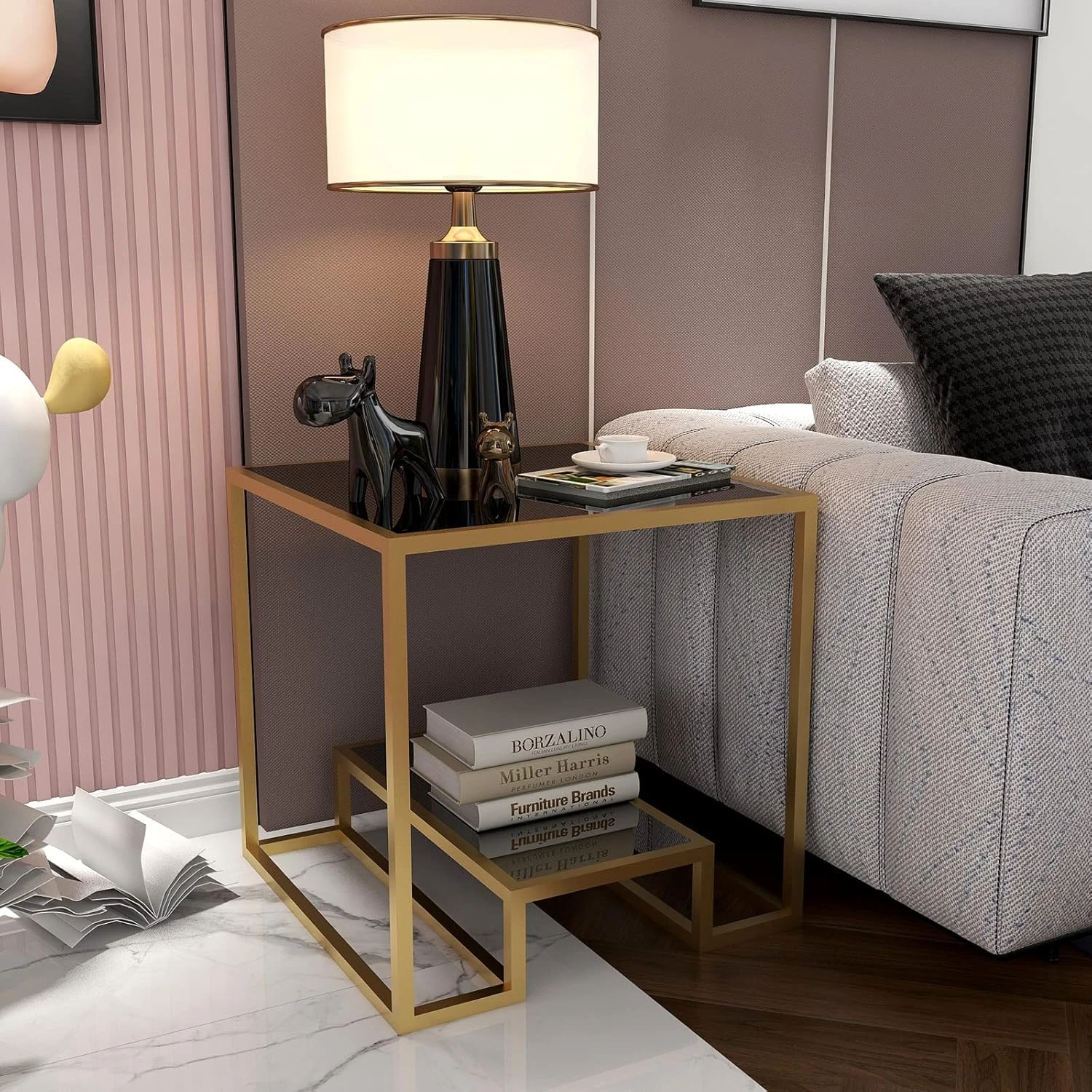 Modern Gold Metal Side Table with Black Glass Top – Luxury 2-Tier Accent End Table - Image 2