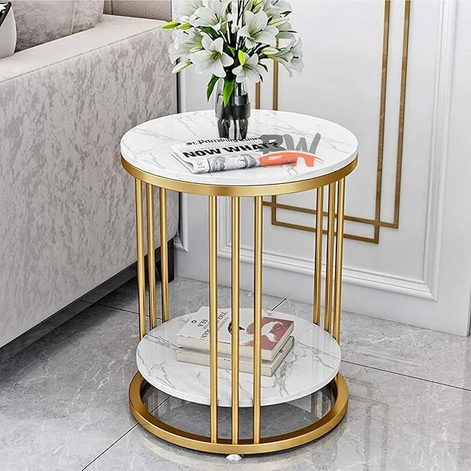 Luxury Gold Metal & Marble Round Side Table – Elegant Living Room Accent Table - Image 5