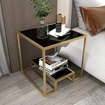 Modern Gold Metal Side Table with Black Glass Top – Luxury 2-Tier Accent End Table - Image 6
