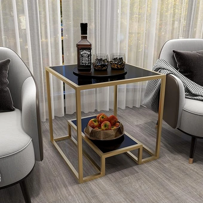 Modern Gold Metal Side Table with Black Glass Top – Luxury 2-Tier Accent End Table - Image 5