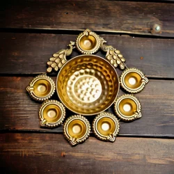 Golden Peacock Decorative Urli with Tealight Holders - Image 2