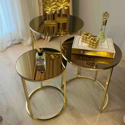 Luxury Gold Mild Steel Round Nesting Table Set – (Set of 3) with Tinted Glass Top - Image 2